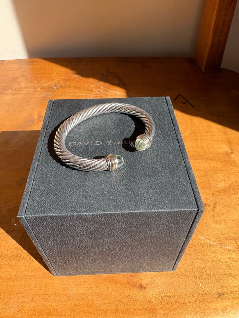 David Yurman Silver and Gold Twisted Cable 7mm Cuff with Prasolite tips